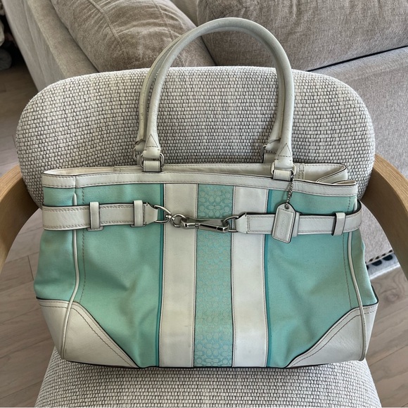 Vintage 2000s Coach Shoulder Tote Bag in Light Blue and White - Picture 1 of 14